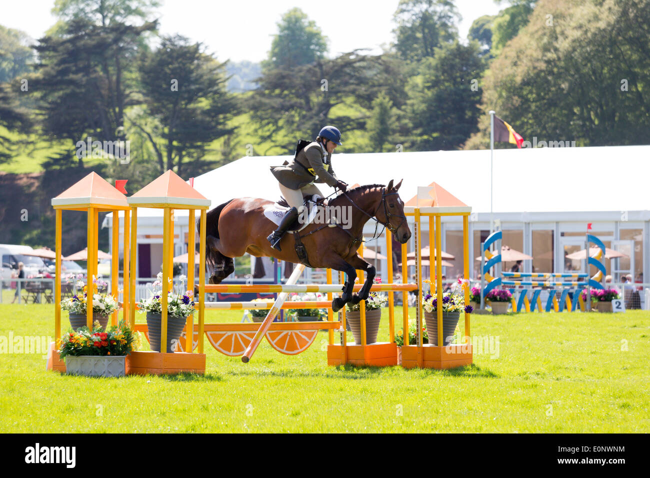 ‎Chatsworth, Bakewell, Derbyshire, Regno Unito. Il 17 maggio 2014. Rebecca Bush Artemis equitazione VIII durante il debuttante Sezione D Show Jumping nel main arena a Chatsworth International Horse Trials Credito: qualsiasi fotografia4/Alamy Live News Foto Stock