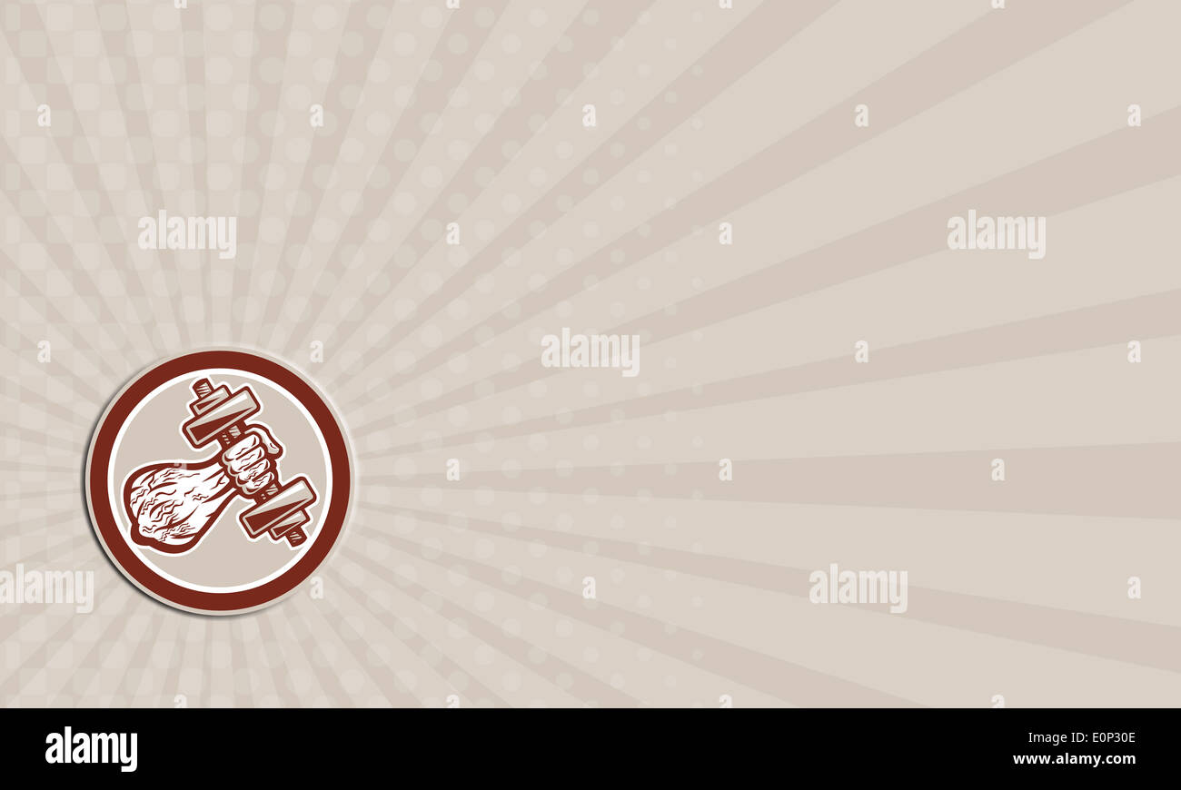 Business card mostra illustrazione di una mano il sollevamento di pesi il peso della formazione visto dalla serie anteriore cerchio interno fatto rétro Foto Stock