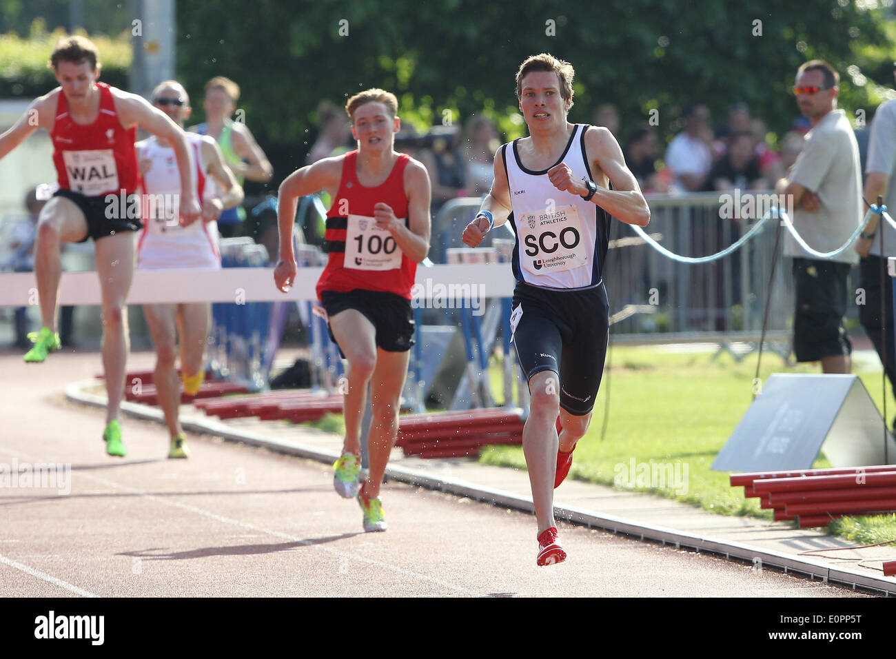 La Loughborough, Regno Unito. 18 Maggio, 2014. La Scozia è Ryan McKinley, vincitore, mens 3000m Siepi in un tempo di 8:55:79 secondi a Loughborough Internazionali di atletica leggera incontro presso Luniversita di Loughborough. Credito: Azione Sport Plus/Alamy Live News Foto Stock