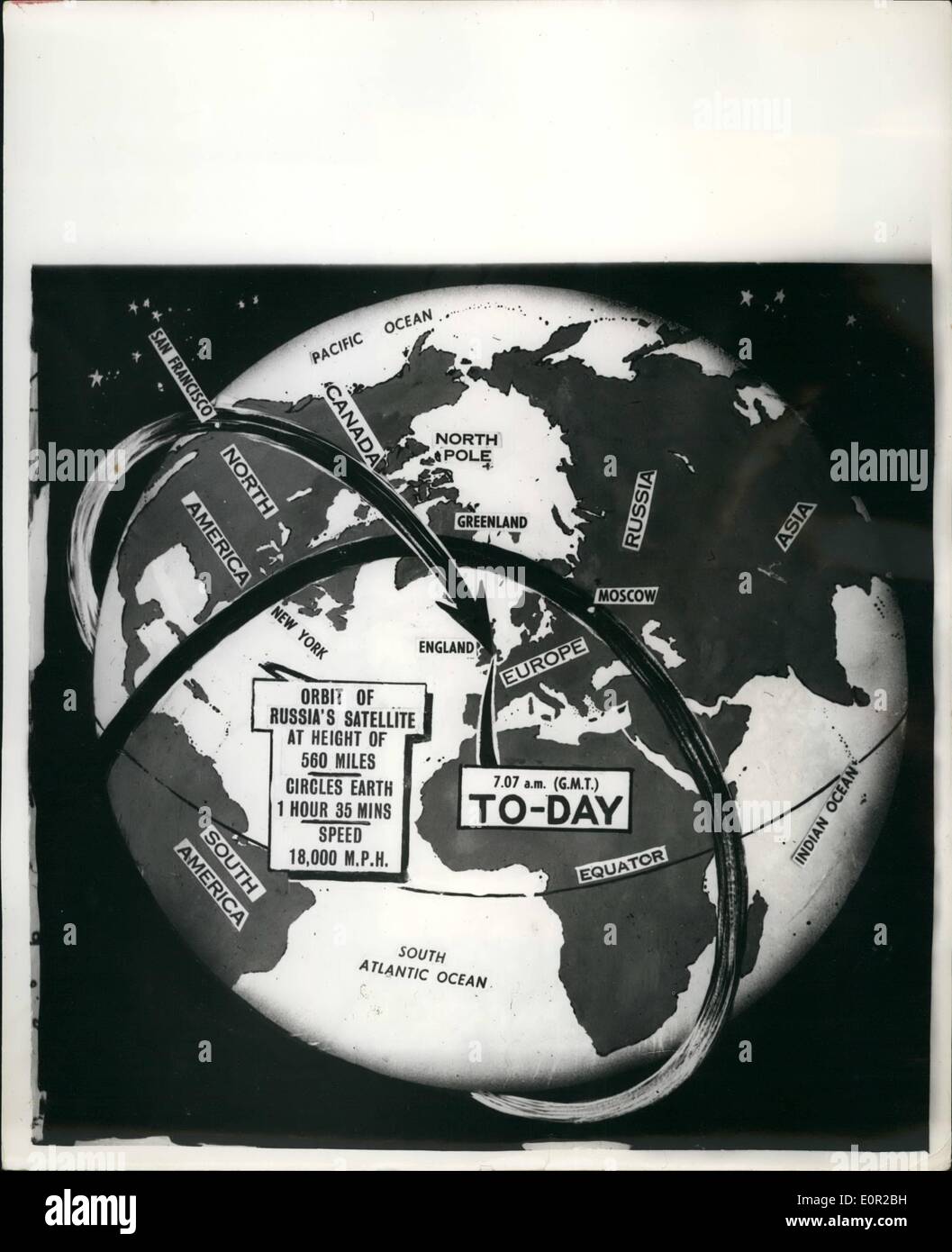 Ottobre 10, 1957 - Il satellite sovietico gira intorno al mondo. Rappresentazione artistica della sua progr: ''Kruschev Comet" - come t Foto Stock