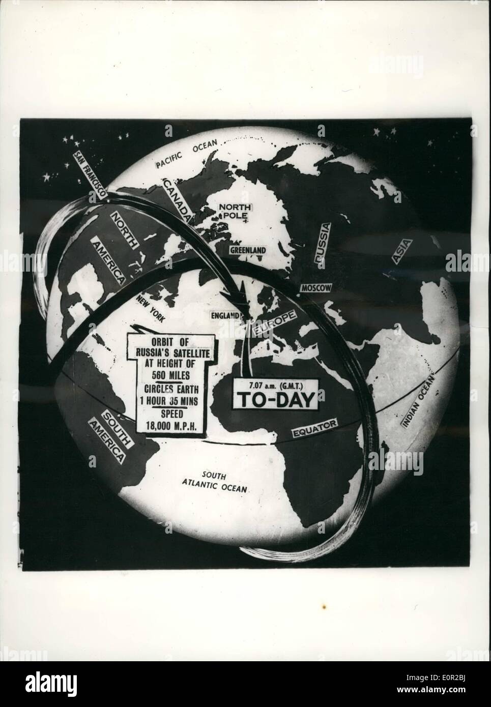 Ottobre 10, 1957 - Il satellite sovietico gira intorno al mondo. Rappresentazione artistica della sua progr: ''Kruschev Comet" - come t Foto Stock