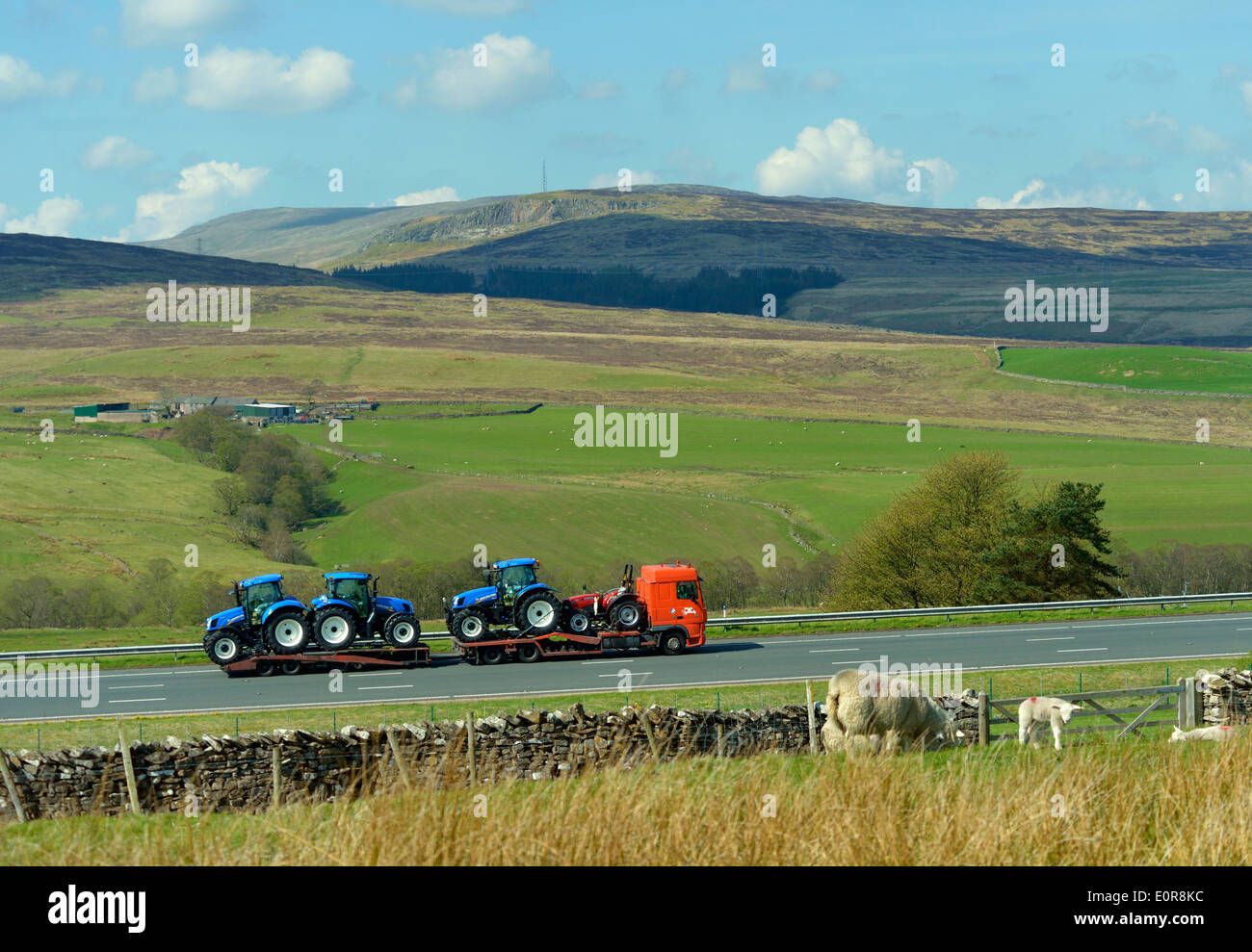 Lowloader HGV con i trattori agricoli sulla autostrada M6. Shap, Cumbria, England, Regno Unito, Europa. Foto Stock