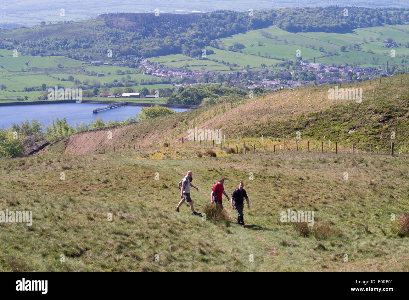 Tre uomini a piedi Pendle sulla collina sopra Sabden, Lancashire, Inghilterra, Regno Unito Foto Stock