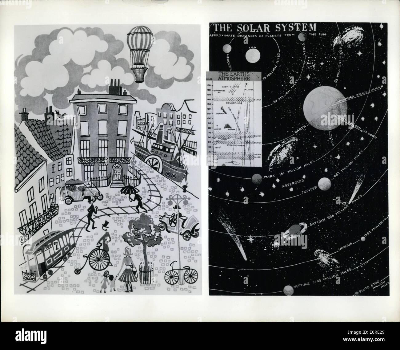 Febbraio 02, 1959 - Space Age colpisce il lavandino della cucina: due Irlandesi biancheria asciugamani che attraversato l Atlantico nel mondo piccolo palloncino sono diventati popolari in Gran Bretagna e presto potrebbe essere disponibile negli Stati Uniti Essi sono stati presi dalla sig.ra Rosmarino Mudie, la donna membro dell'equipaggio e un ex organizzatore della Irish Linaioli la scuola estiva a Belfast. La foto mostra il Regency Street, dotato di un palloncino, è in arancione, blu, nero e verde. Destra: sistema solare, in un colore - il colore blu scuro del cielo notturno. Foto Stock