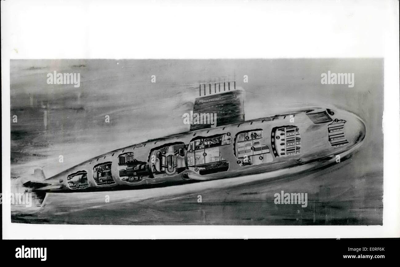 Giugno 06, 1959 - Disegno di Gran Bretagna il primo sottomarino nucleare: Un Admiralty artista della impressione preparato per mostrare la posizione dei vani principali in sottomarino nucleare Dreadnought, che saranno fissate a Barrow-in-forno cantiere di Vickers-Armstrongs (costruttori navali) Ltd oggi (12 giugno). A Barrow-in-Furness, S.A.R. Il Duca di Edimburgo è di stabilire il ''chiglia'' - un prefabbricato a sezione circolare della placcatura - del Dreadnought, che sarà la Royal Navy è il primo a propulsione nucleare sommergibile Foto Stock