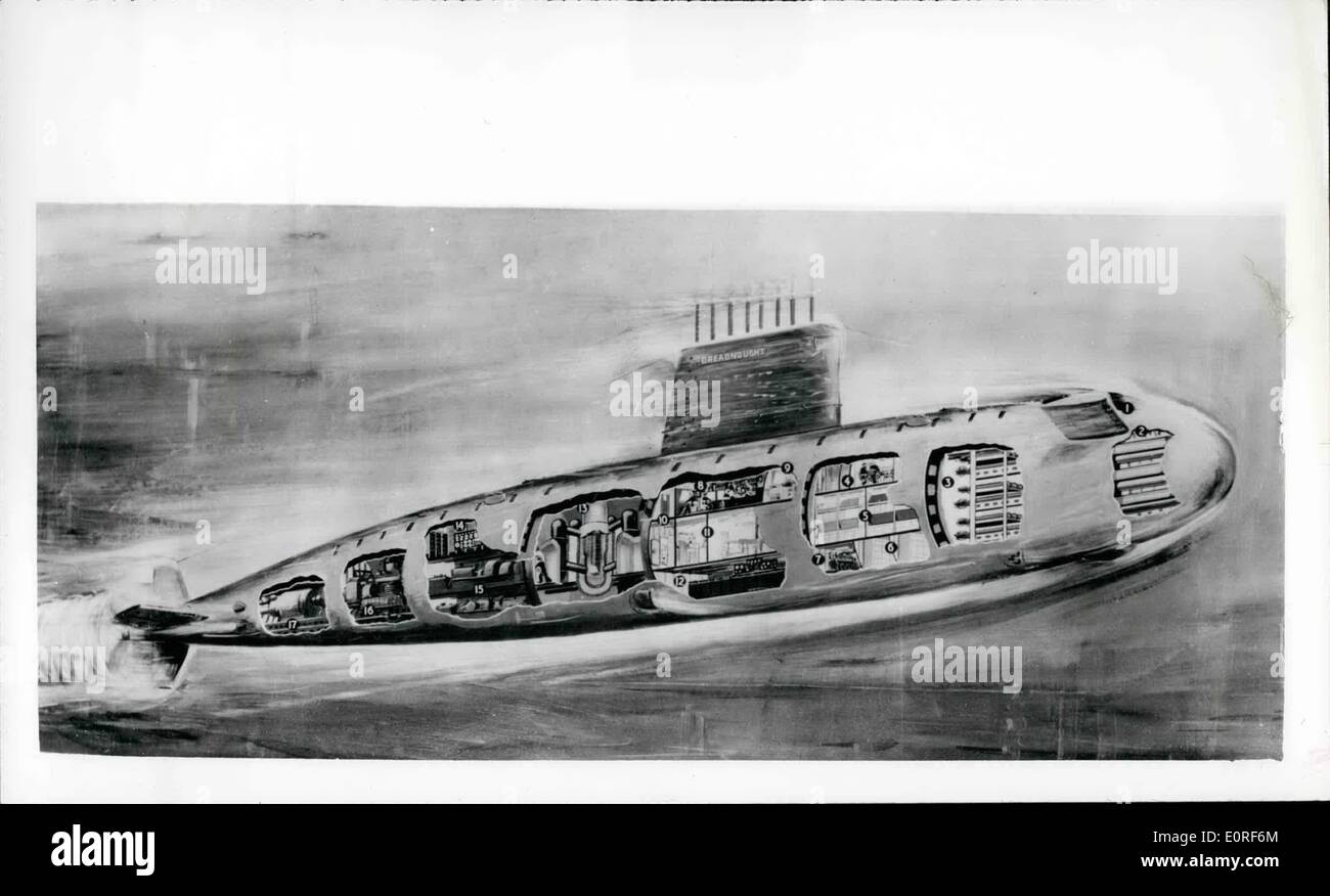 Giugno 06, 1959 - Disegno di Gran Bretagna il primo sottomarino nucleare: Un Admiralty artista della impressione preparato per mostrare la posizione dei vani principali in sottomarino nucleare Dreadnought, che saranno fissate a Barrow-in-forno cantiere di Vickers-Armstrongs (costruttori navali) Ltd oggi (12 giugno). A Barrow-in-Furness, S.A.R. Il Duca di Edimburgo è di stabilire il ''chiglia'' - un prefabbricato a sezione circolare della placcatura - del Dreadnought, che sarà la Royal Navy è il primo a propulsione nucleare sommergibile Foto Stock