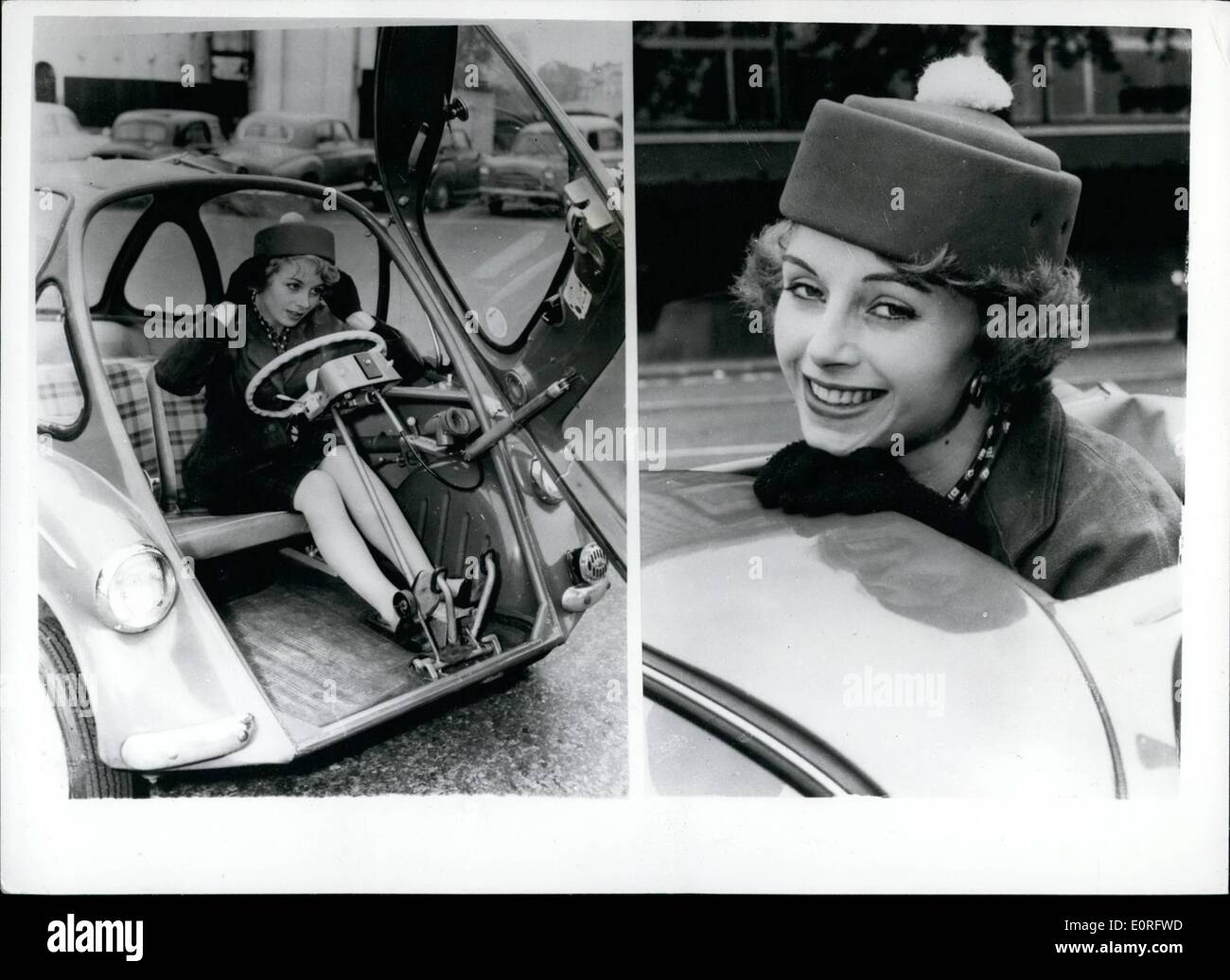 05 maggio 1959 - e Noe ''Bolla Hat'': un nuovo anti-shock ''Bolla Hat'', progettato appositamente come precauzione di sicurezza ulteriore per gli utenti della bolla autovetture - è stato illustrato oggi a Londra. La Bolla hat è fortemente rinforzata da un quarto di pollice-spessore feltro che riduce l'ammortizzatore di urti dovuti a rottura improvvisa. È ugualmente adatto per uomini e donne e la sua solita ricordare il prezzo è di 25s. Mostra fotografica di Luisa Rossi Mason visto in una bolla auto con il nuovo hat, sulla destra un close up di Sue Mason con la Bolla attraente Hat. Sono disponibili in tre colori, rosso, blu e verde e giallo-pom pom. Foto Stock