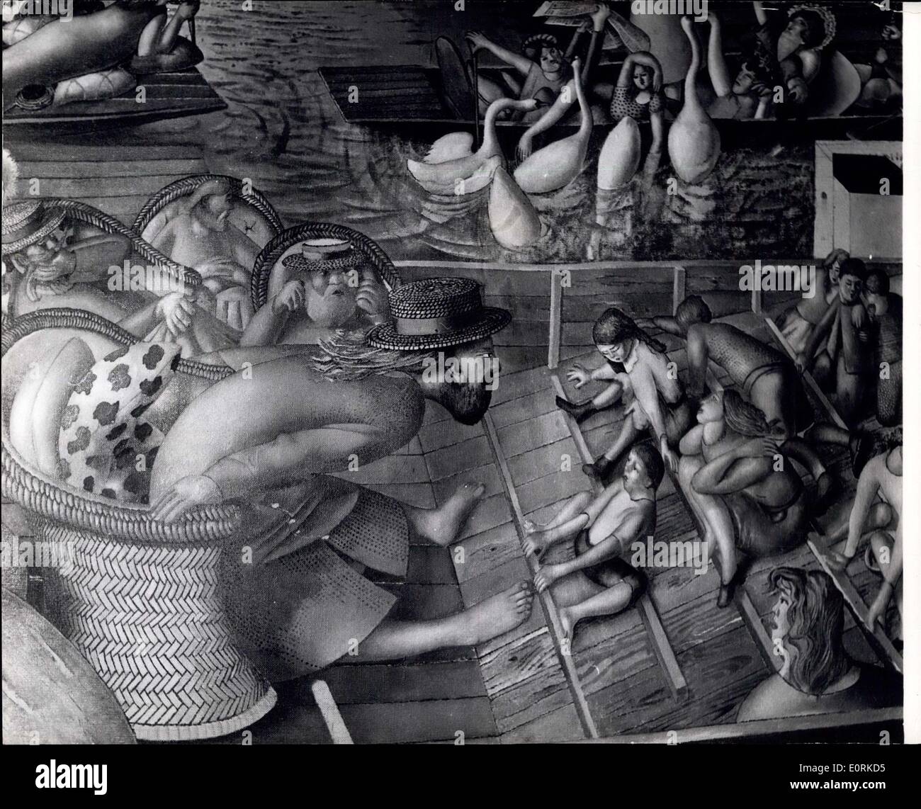 16 dic 1959 - Sir Stanley Spencer R.A. - Muore. ''Cristo in un cappello di paglia'': Sir Stanley Spencer R.A. l'artista il cui lavoro ha creato molto polemica - è morto in ospedale a Taplow, Bucks, inizio di ieri. Gran parte del suo lavoro, concezioni pittoriche di soggetto religioso lo ha portato entrambi molti elogi e critiche. La foto mostra una parte di uno dei dipinti incompiuto da Sir Stanley Spencer R.A. - Dal titolo ''Cristo predicando a regata Cookham'' - raffigurante Cristo in un cappello di paglia. Questo è ritenuto da molti uno di Spencer più grandi opere - ma non è finito. Foto Stock 16 dic 1959 - Sir Stanley Spencer R.A. - Muore. ''Cristo in un cappello di paglia'': Sir Stanley Spencer R.A. l'artista il cui lavoro ha creato molto polemica - è morto in ospedale a Taplow, Bucks, inizio di ieri. Gran parte del suo lavoro, concezioni pittoriche di soggetto religioso lo ha portato entrambi molti elogi e critiche. La foto mostra una parte di uno dei dipinti incompiuto da Sir Stanley Spencer R.A. - Dal titolo ''Cristo predicando a regata Cookham'' - raffigurante Cristo in un cappello di paglia. Questo è ritenuto da molti uno di Spencer più grandi opere - ma non è finito. Foto Stock