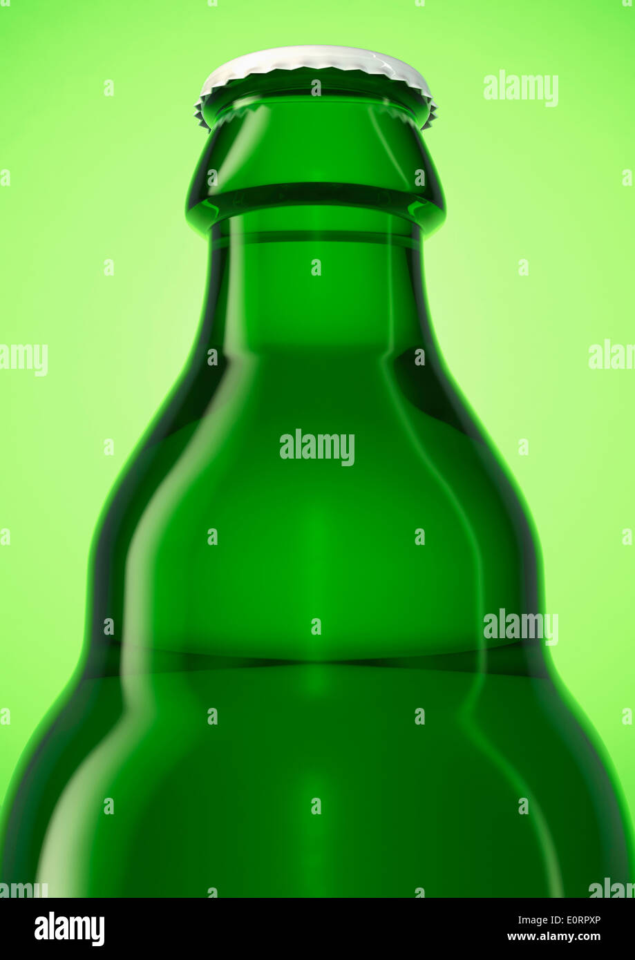 Verde bottiglia di birra con cappuccio su uno sfondo verde Foto Stock