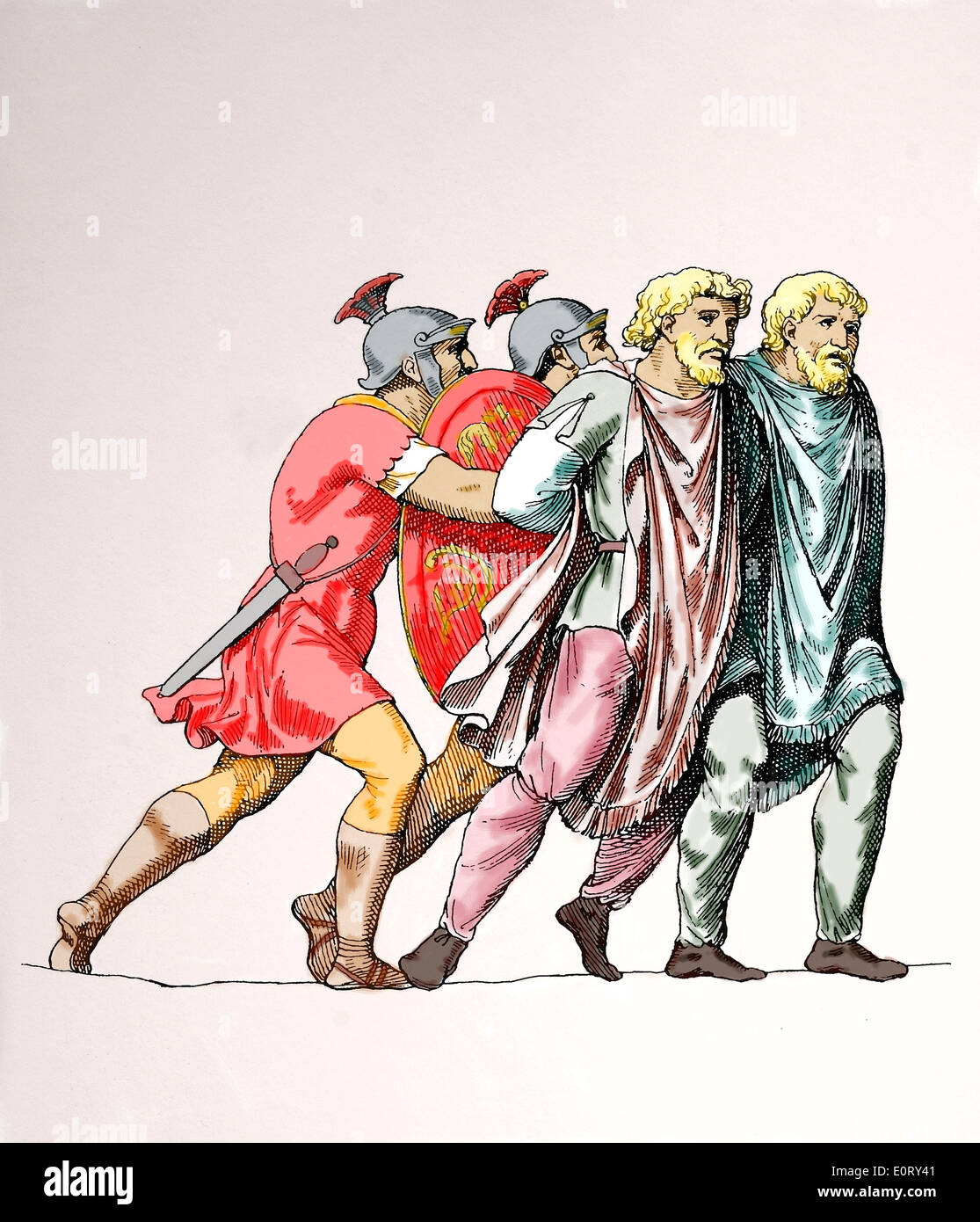 Roma antica. Germanico degli uomini con i loro rapitori romano. Incisione. Colorati. Foto Stock
