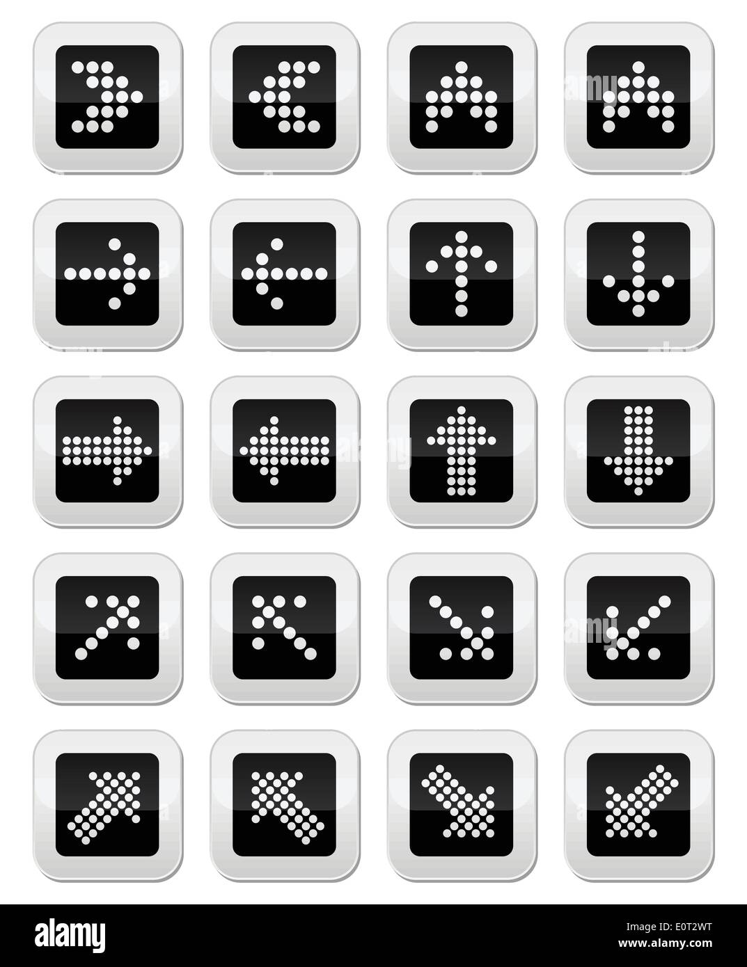 Frecce tratteggiate sul quadrato nero set di icone isolato su bianco Illustrazione Vettoriale