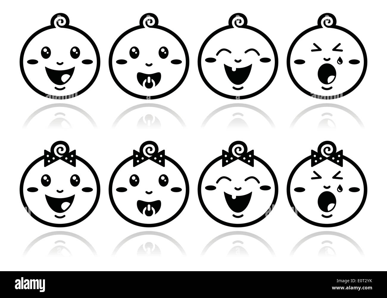 Baby boy, Baby girl face - pianto con succhietto, sorriso icone nere Illustrazione Vettoriale