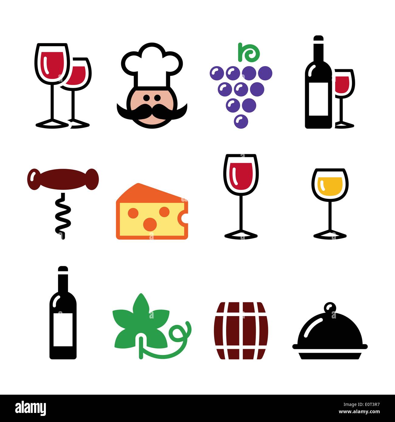 Vino icone colorate set - bicchiere, bottiglia, ristorante, alimentari Illustrazione Vettoriale