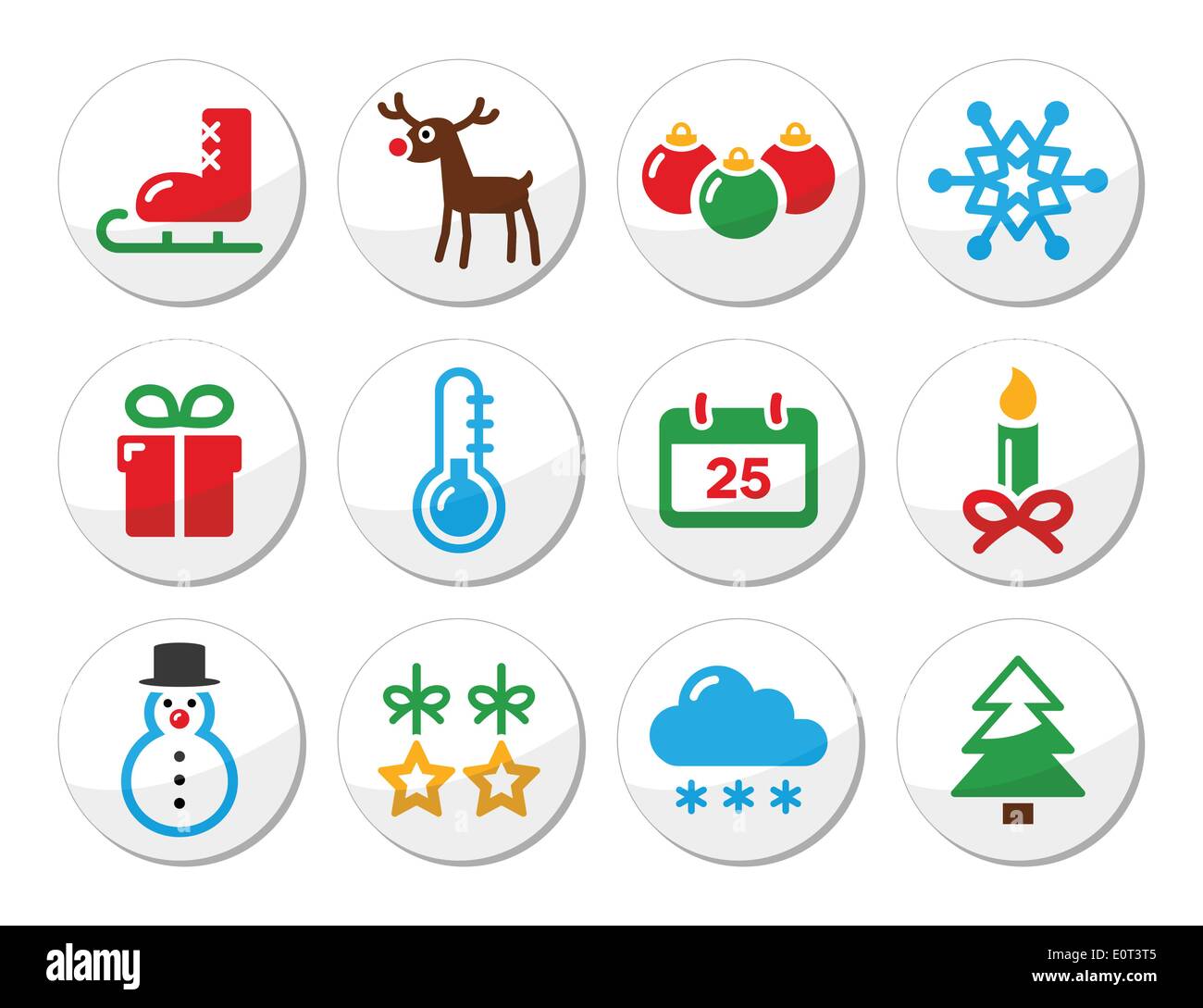 Inverno Natale icone colorate impostato come le etichette rotonde Illustrazione Vettoriale