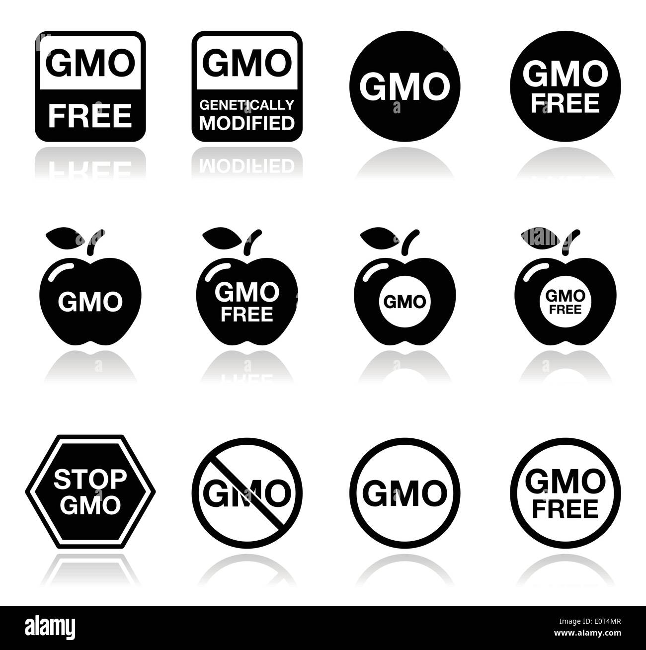 Gli alimenti OGM e non OGM o OGM free set di icone Illustrazione Vettoriale
