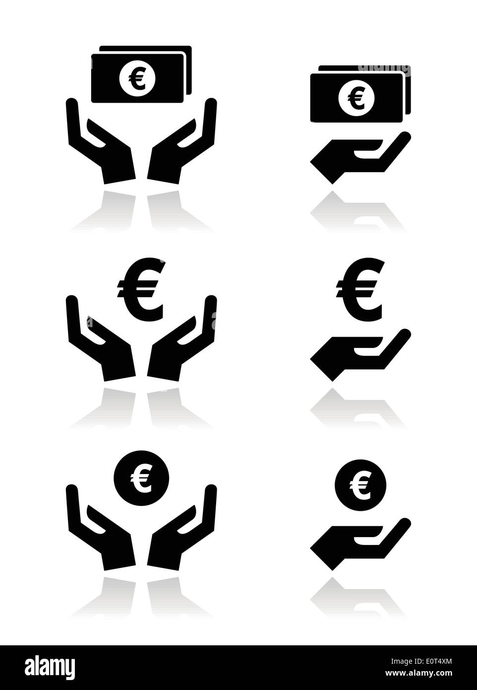 Mani con banconote in euro, moneta vettore set di icone Illustrazione Vettoriale