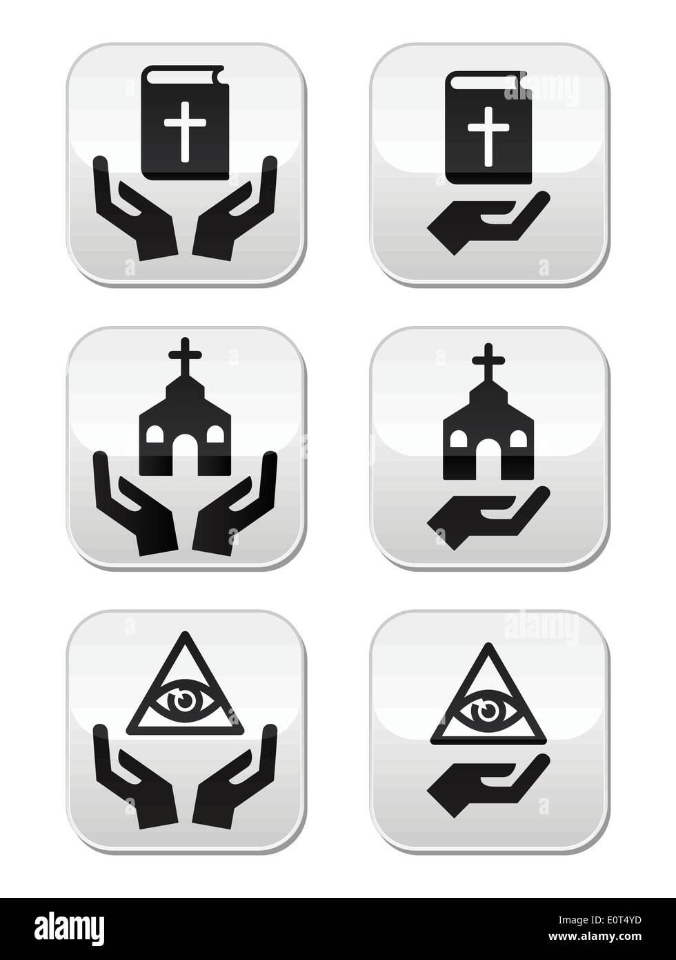 I pulsanti di religione - le mani con la Bibbia, chiesa, occhio di Dio Illustrazione Vettoriale