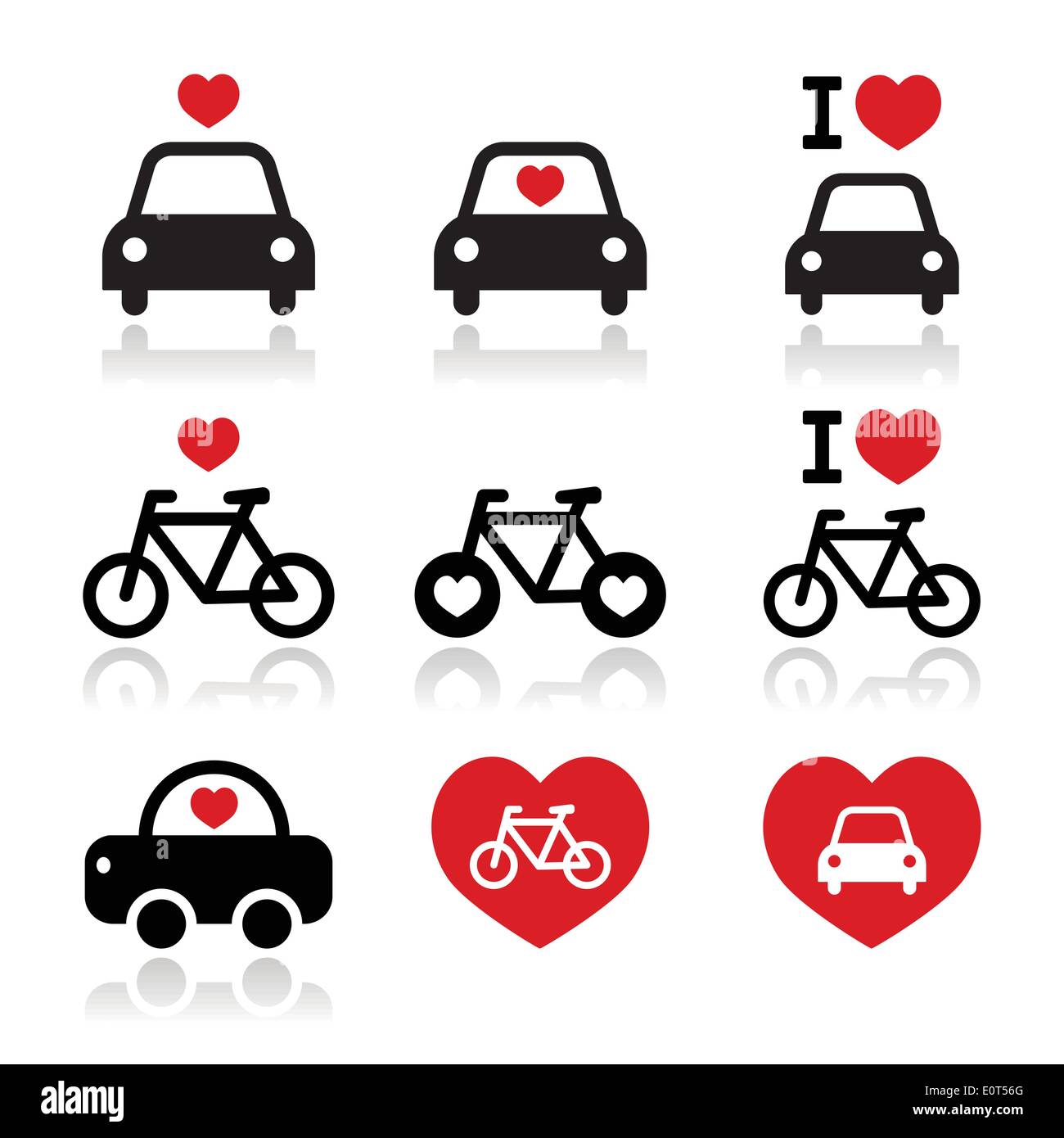 Io amo le automobili e biciclette e set di icone Illustrazione Vettoriale