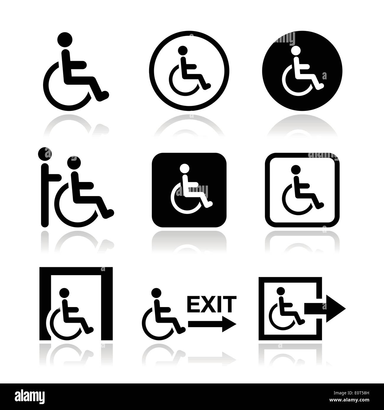 Uomo in sedia a rotelle e disabili, uscita di emergenza icona Illustrazione Vettoriale