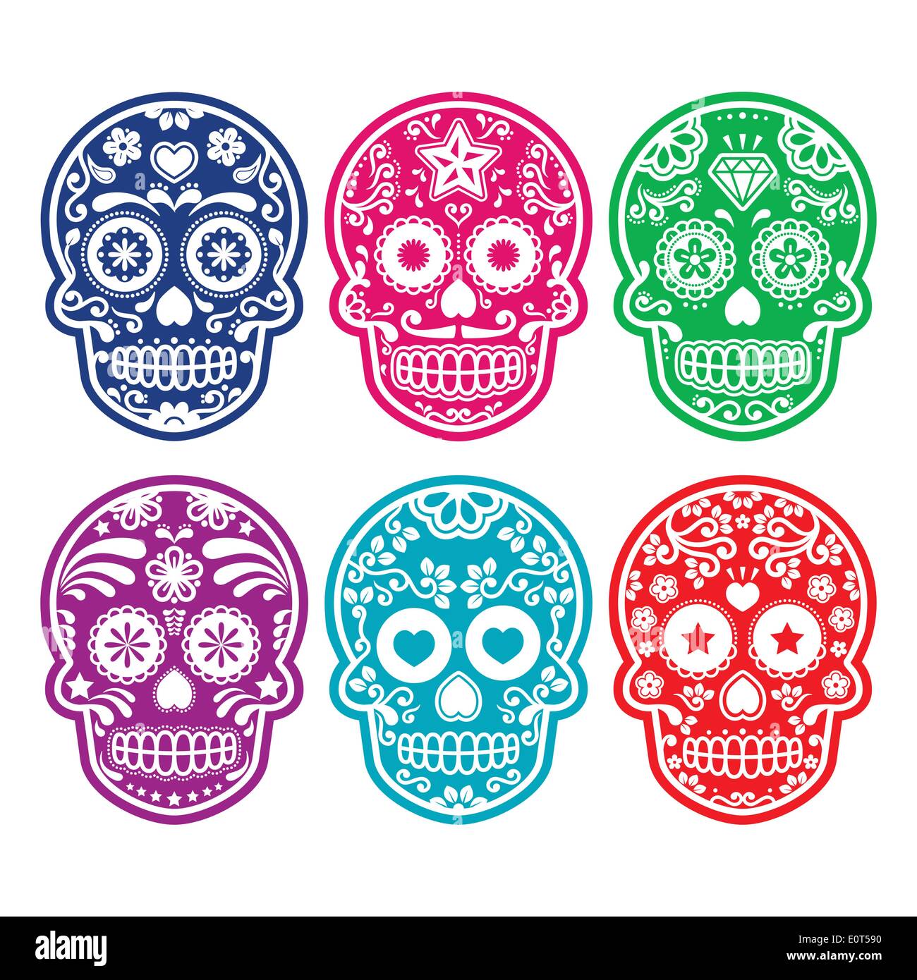 Zucchero messicano cranio, Dia de los Muertos icone colorate impostato Illustrazione Vettoriale