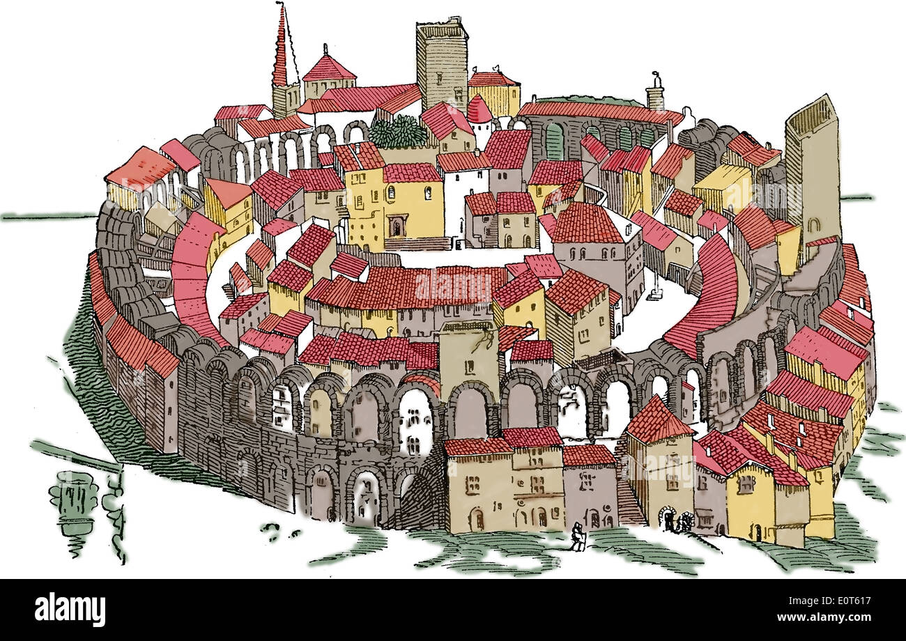 L'anfiteatro di Arles. Fortezza con casa. Viii secolo. Incisione. Colorazione successiva. La storia medievale e moderna, 1905. Foto Stock