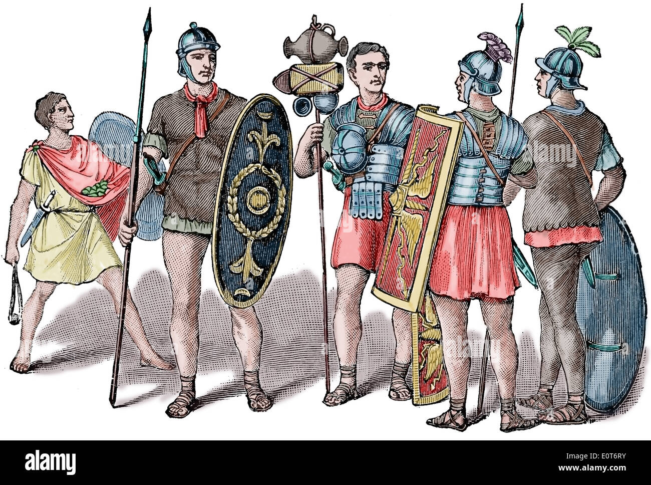 Guerre galliche. 58-50 BC. I soldati romani e attrezzature. Caesaar in Gallia, 1917. Incisione. Colore. Foto Stock