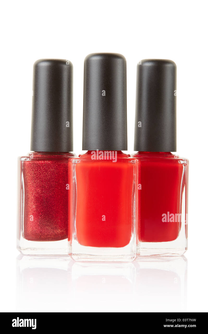 Red Nail Polish gruppo di bottiglie Foto Stock