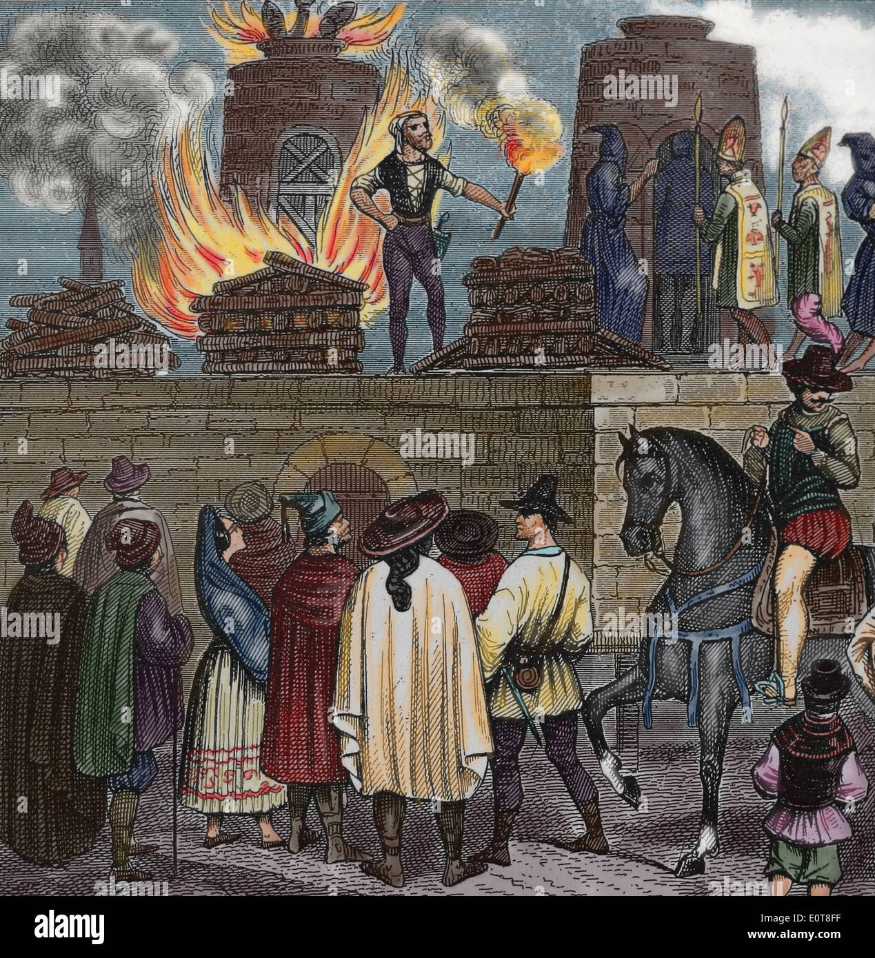 Inquisizione spagnola. Auto de fe. La pena capitale. La morte per burnig. Incisione. Colore. Xix secolo. Foto Stock
