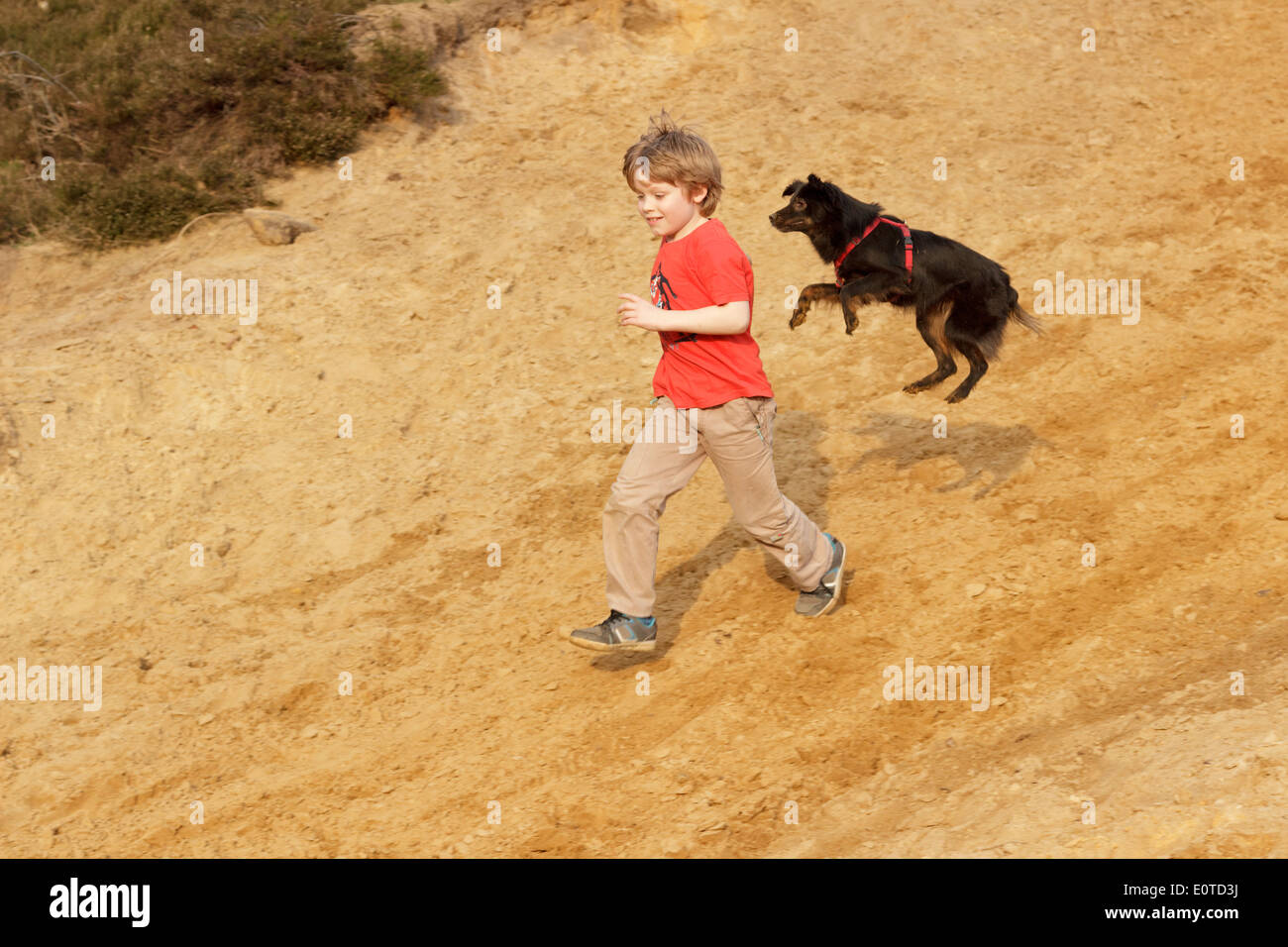 Giovane ragazzo in esecuzione con il suo cane jumping accanto a lui Foto Stock