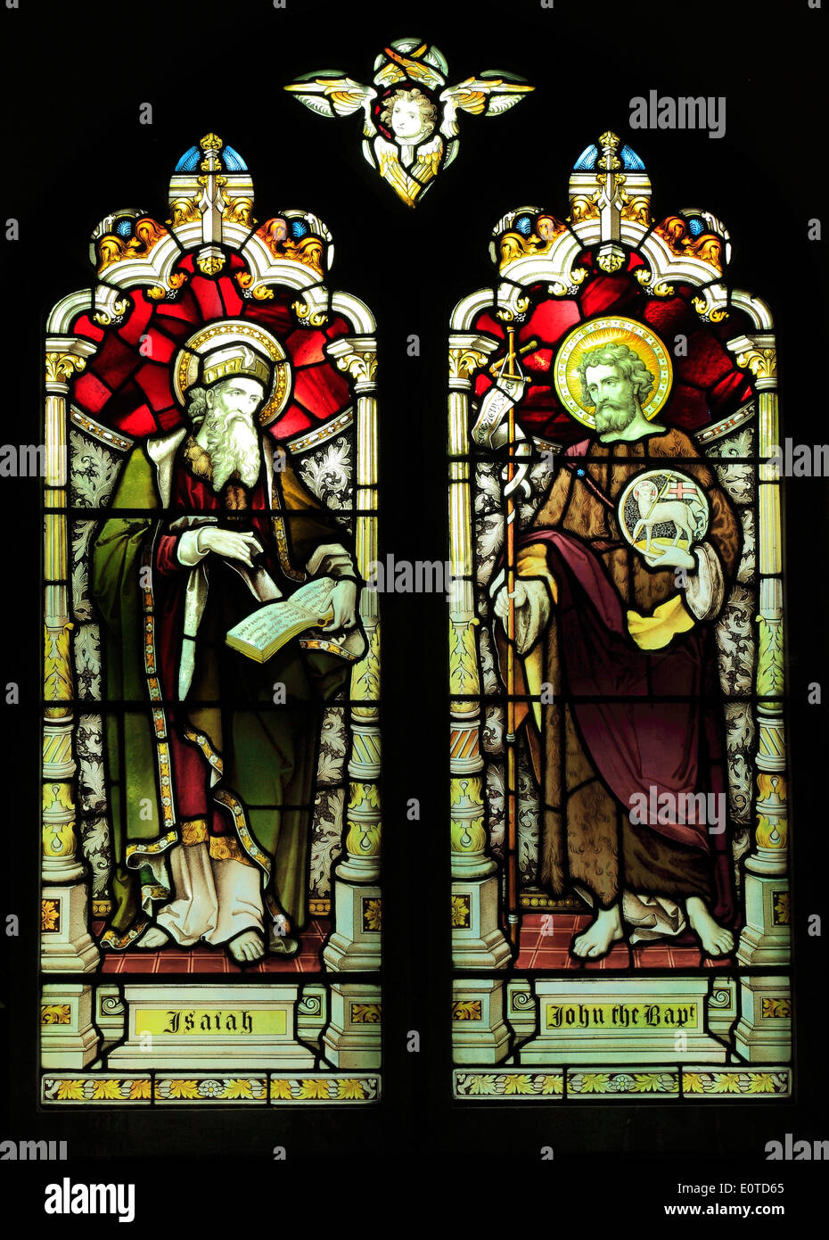 Il profeta Isaia e San Giovanni Battista, vetrate di Heaton, Butler & Bayne, c. 1890, West Newton, Norfolk Inghilterra Foto Stock
