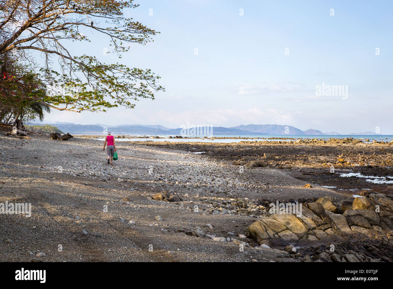 Donna che cammina lungo la ruvida spiaggia sassosa a Cabuye nella penisola di Nicoya sulla costa del Pacifico del nord della Costa Rica Foto Stock