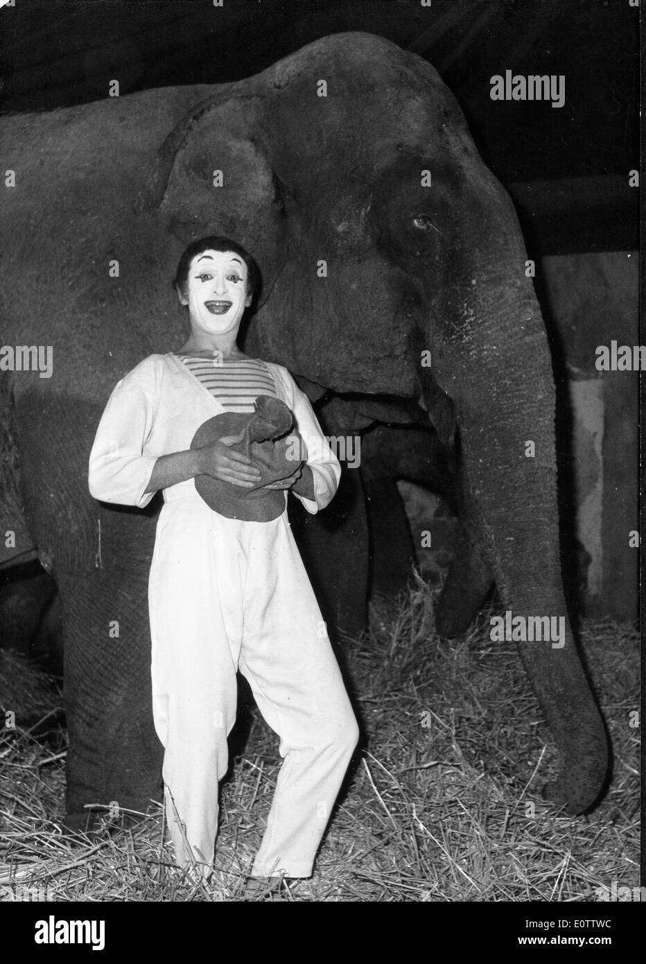 Mimo francese Marcel Marceau con un elefante prima di uno spettacolo Foto Stock