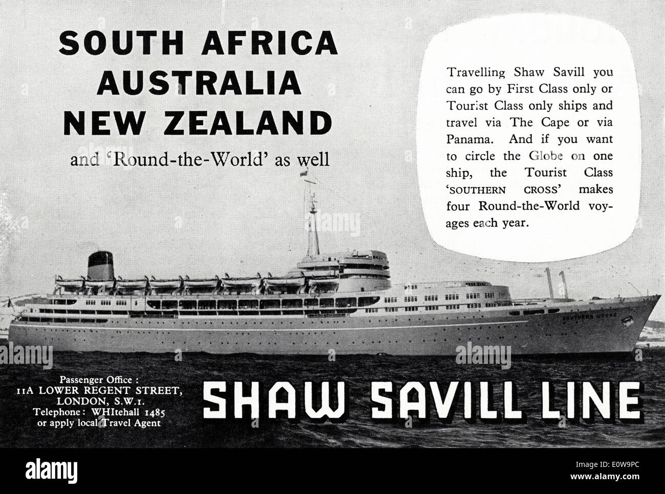 Anni Cinquanta spot per SHAW SAVILL LINE servizi passeggeri in Sud Africa, Australia & Nuova Zelanda nella rivista britannica datata luglio 1957 Foto Stock