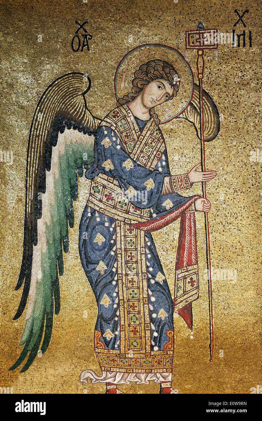 Angelo, mosaico bizantino, la Chiesa della Martorana dal periodo normanno, Palermo, Sicilia, Italia Foto Stock