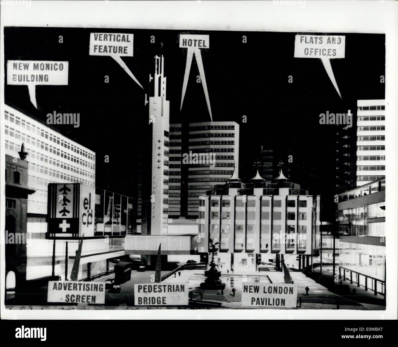 Apr. 12, 1962 - Italia si recherà a Londra Piccadilly Circus se un audace nuovo schema di riqualificazione ha annunciato oggi è accettata dal ministero dell'alloggiamento. Gran Bretagna superiore urbanista, Sir William Holford, è stato adattato due caratteristiche della scena italiana per la Piccadilly del futuro. In primo luogo, una piazza, che copre quasi un acro nel centro del circus. Secondo, il famoso Campanile di Piazza San Marco, Venezia, come egli ha proposto una simile funzione verticale come il punto focale del centro. Un'altra caratteristica sarebbe un 80ft alta schermata pubblicitaria Foto Stock