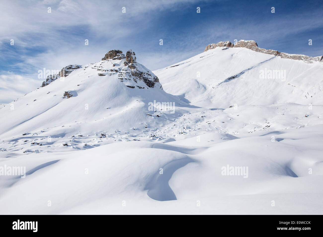 Montagna Neunerspitze in inverno, San Vigilio, Provincia dell'Alto Adige, Italia Foto Stock