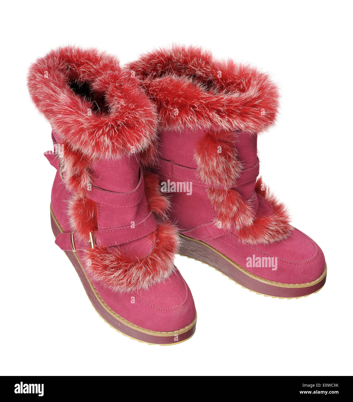 Un paio di calzature donna - caldo inverno stivali, isolati su sfondo bianco Foto Stock