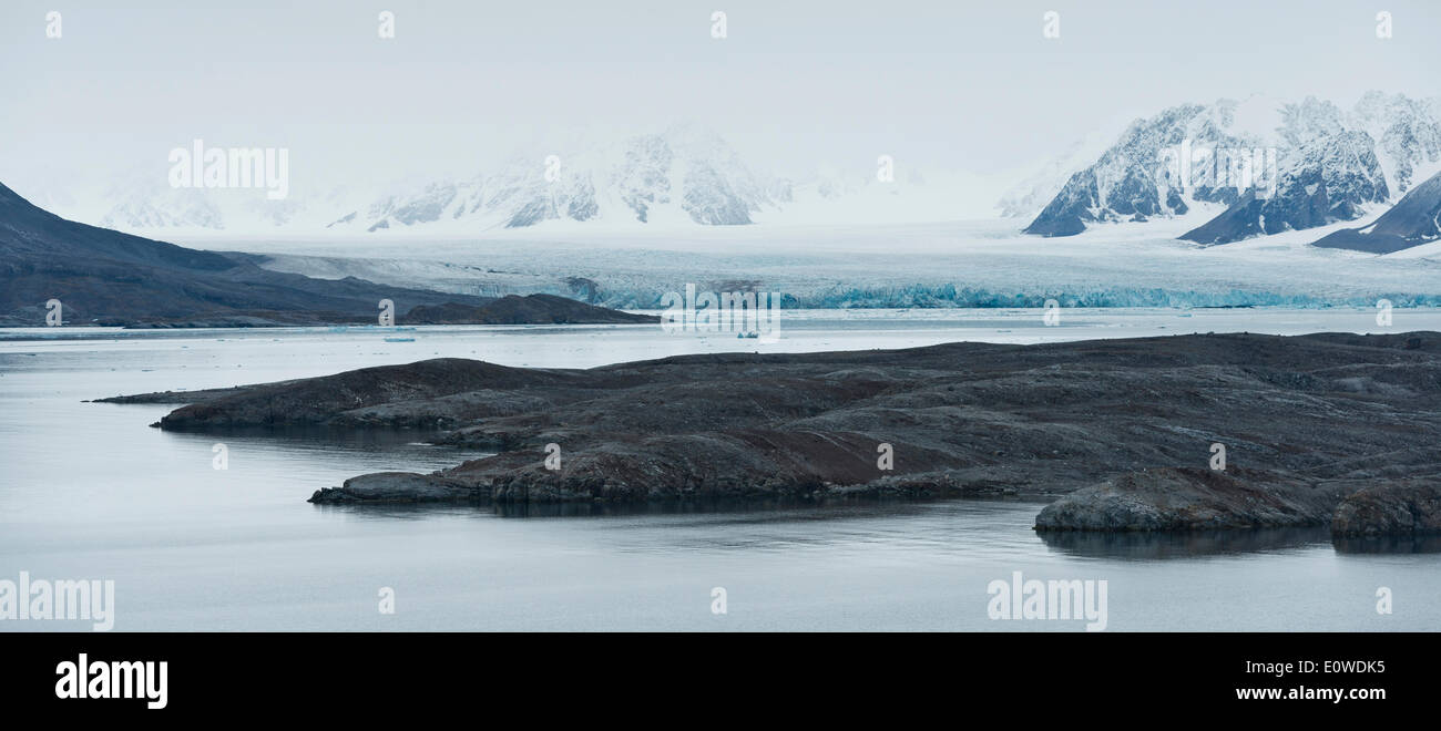 Operazioni automatiche di fine campo, montagne e ghiacciai Monacobreen nella nebbia, Liefdefjorden fiordo, Spitsbergen, isole Svalbard Foto Stock