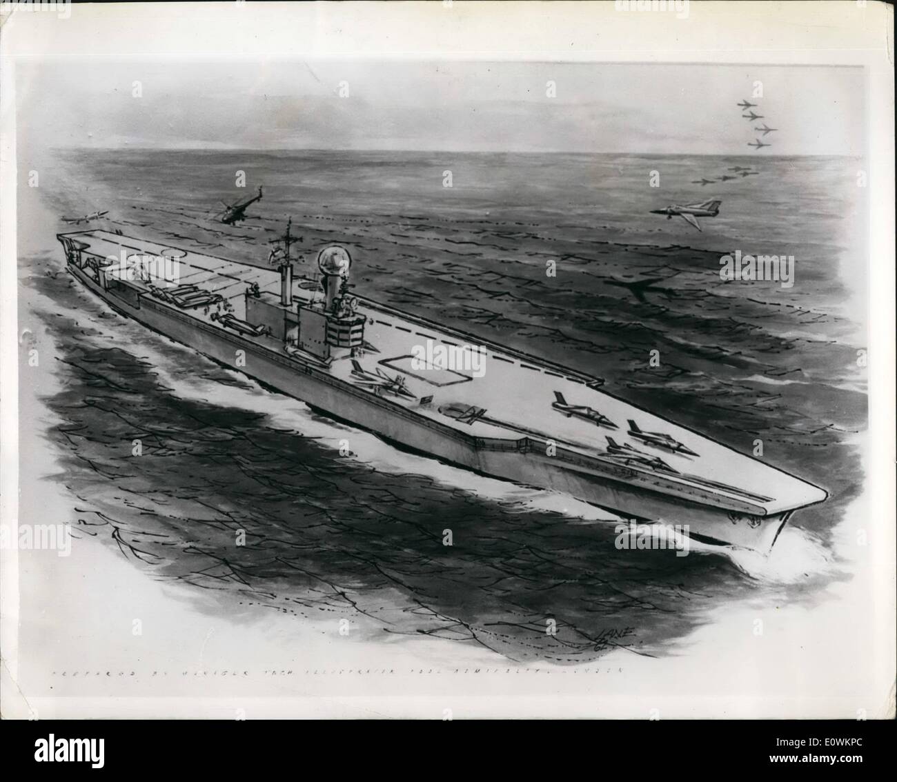 Lug. 07, 1963 - Royal Navy;s nuova portaerei. : Un admiralty artista della impressione di uno studio di progettazione per la Royal Navy della nuova portaerei, lo spostamento di circa 50.000 tonnellate. Approvazione per costruire questo è stato annunciato ieri dal Ministro della Difesa nella House of Commons. La nave sarà dotata di incorporare tutti i più recenti miglioramenti per facilitare il funzionamento delle future generazioni di aeromobili che avrà sia verticale-sbarco o molto lenta capacità di atterraggio Foto Stock