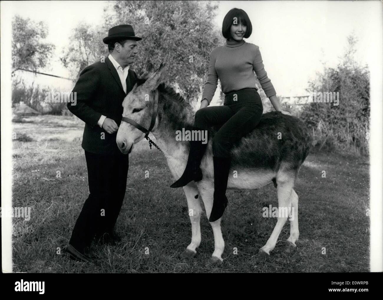 Febbraio 02, 1964 - Nick Carter tornare...come Eddie Costantino, l'americano-Nato stella francese rappresenterà il suo figlio in ''Nick Carter si allenta'' che è attualmente in fase di riprese a Nizza da Henri Decon. Eddie Constantine avrà due partner femminile: Daphne Dayle, un ex ballerina e Mitsouko eurasiatica. OPS/Eddie Costantino con Mitsouko giocare con un asino, a Nizza. Foto Stock