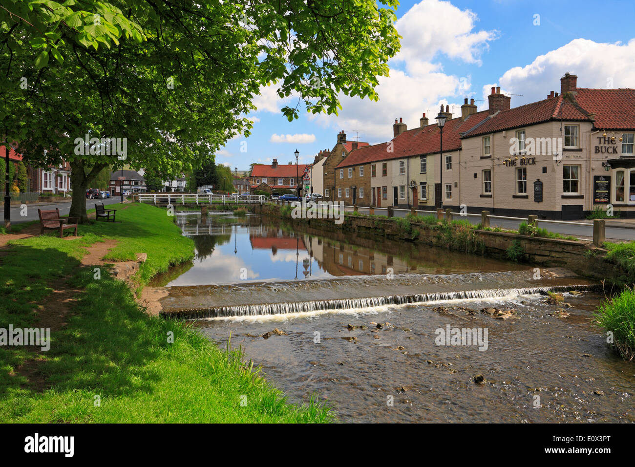 Fiume Leven al grande Ayton, bassa verde, North Yorkshire, Inghilterra, Regno Unito. Foto Stock