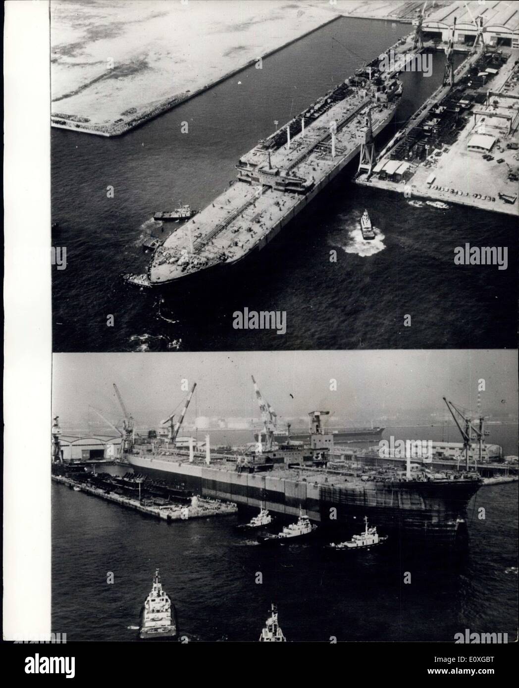 Sett. 12, 1966 - Il più grande del mondo di nave ha lanciato: di tutto il mondo più grande nave i 209.000-ton superpetroliera, Udemitsu Maru, misura 342 metri di lunghezza e 53 metri di larghezza e 49 metri dal suo fondo per la maggior parte di punta, è stato lanciato la scorsa settimana presso il cantiere navale Yakahama, Giappone di Ishikawajima-Harima Heavy Industries Cs. Costruito per Idamitau Kassn, una azienda giapponese leader nella raffinazione del petrolio e la ditta importatrice. Il mammoth tanker porterà olio dal golfo persico in Giappone a causa di forti venti il lancio è stata rinviata di 24 ore Foto Stock