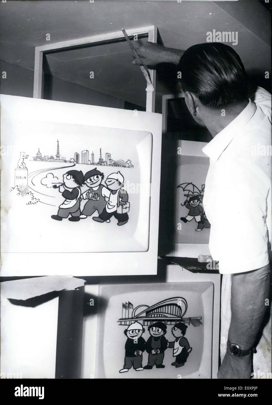 Agosto 05, 1967 - raffigurata qui sono alcuni disegni del ZDF televisione mostra ''Mainzelmaennchen.'' sono stati alcuni dei pezzi mostrati in un grand''super show" a Berlino. 17 padiglioni e otto padiglioni sono stati ripresi da 184 imprese, 120 dalla Germania. Il momento clou della manifestazione è stata l'introduzione di televisori a colori. Foto Stock