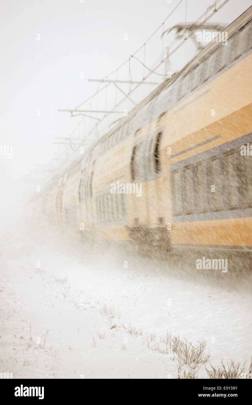 Velocità massima di guida del treno in tempesta di neve nella campagna dai Paesi Bassi Foto Stock