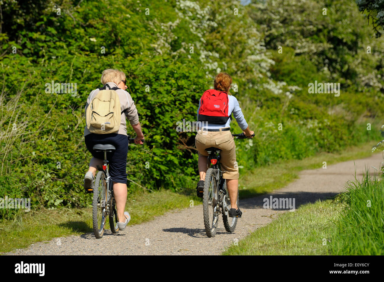 Due ciclisti femmina a cavallo attraverso la campagna inglese Foto Stock
