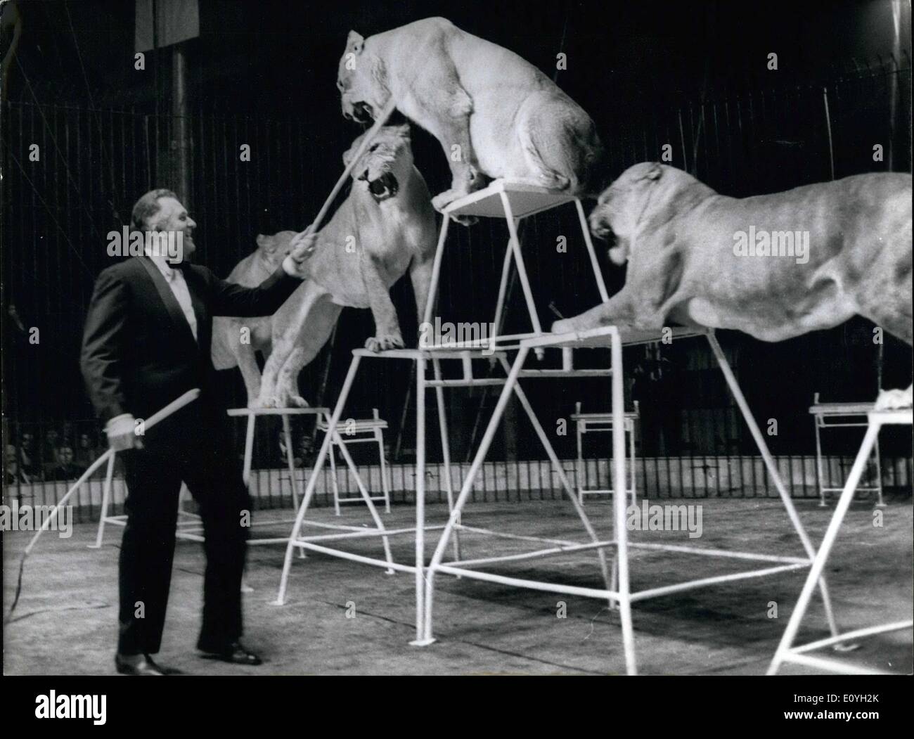 Maggio 06, 1970 - Jean Richard, che svolge anche un ruolo importante nel teatro parigino in ''Quatre pezzi sur jardin,'' entrò nella gabbia di Lion del Circo su Beaubourg piazza di Parigi per fornire gli spettatori con uno spettacolo unico. Foto Stock