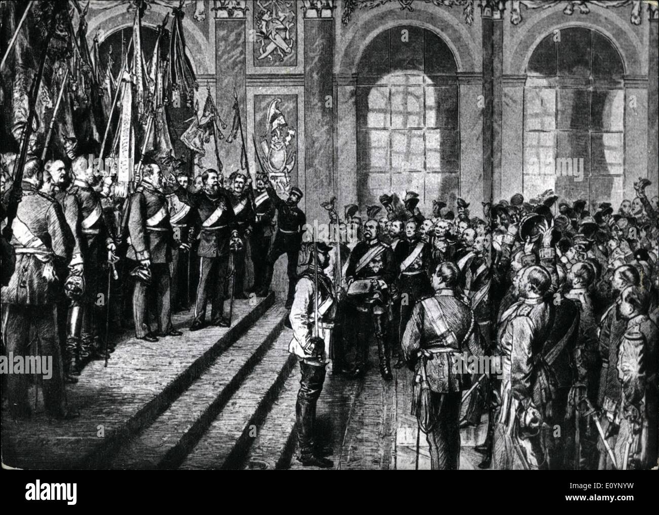 Gen 01, 1971 - Imperatore la proclamazione in Versailles: su gennaio 18th, 1871 il re di Prussia Guglielmo I è proclamato imperatore tedesco a Versailles. La Prussia guidato da Bismarck, è riuscito a risolvere il ''affari tedesco''. Guidato da Prussia, 25 tedesco di stati separati dal insieme il secondo impero tedesco, a causa della prossima, la vittoria sulla Francia la critica delle persone contro la Prussia non trovare attenzione ant.Mostra fotografica di pittura di Anton von Weber che mostra l'imperatore della proclamazione a Versailles - i sovrani assemblato e soldati benvenuti imperatore Wilhelm. In Centro: Bismarck. Foto Stock