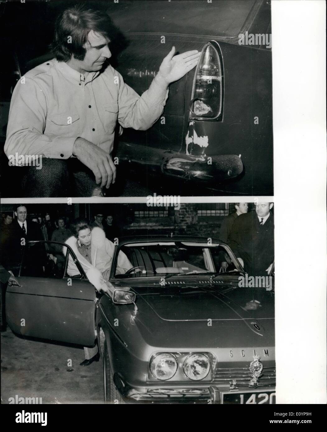 Febbraio 02, 1971 - Princess Anne coinvolto in un incidente di macchina in Kensington. Princess Anne è stato coinvolto in un lieve incidente di ieri durante la guida il suo nuovo Reliant Scimitar, 125m.p.h auto sportiva, che era stata presentata dalla regina e il principe Filippo. La Principessa è rimasto illeso, ma la parte anteriore della sua vettura era leggermente danneggiato quando era in collisione con la parte posteriore di una Ford Zephyr, noleggiare una vettura condotta dal sig. Patrick Ling, 34 di Plaistow, Londra. L'incidente è accaduto in Brompton Road, Kensington. La foto mostra: (Foto in alto) Mr Foto Stock