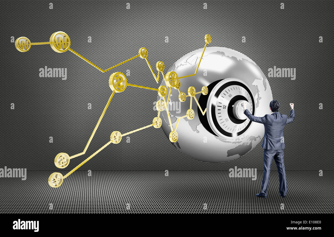 Un business man in piedi accanto al Globe Foto Stock