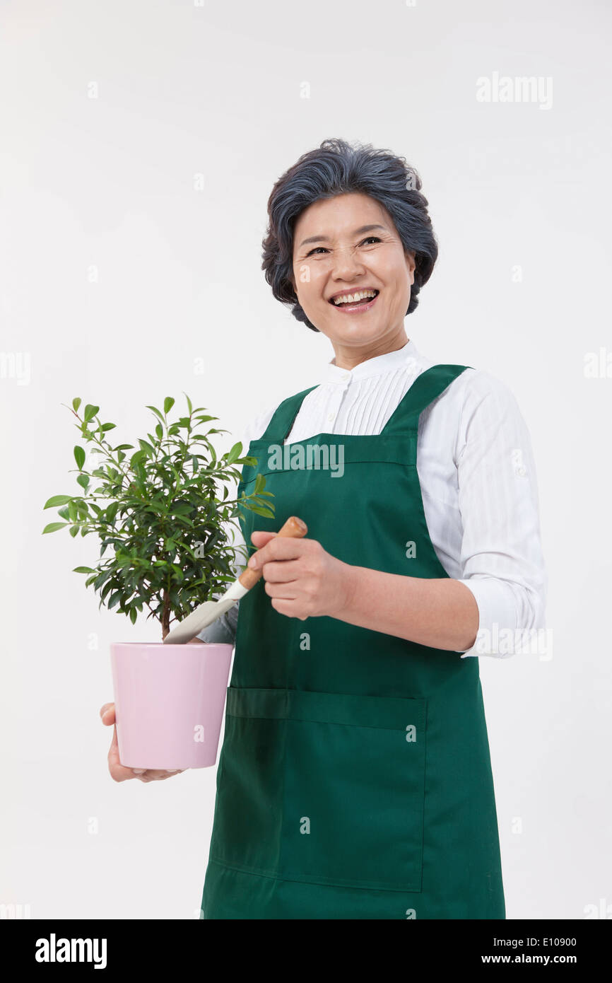 Una donna anziana con un grembiule tenendo un impianto Foto Stock